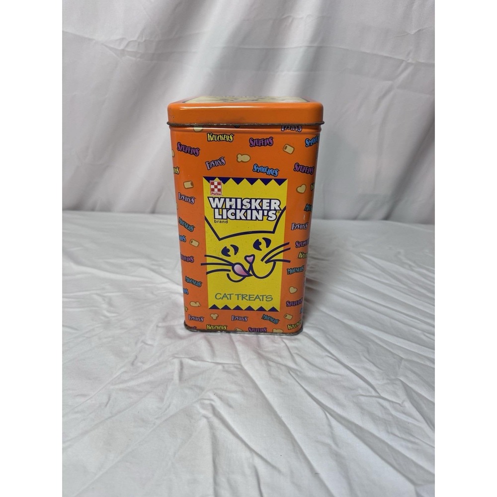 Vintage 80s Whisker Lickin's Cat Treats Tin Purina Company Orange Square Retro